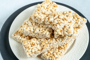 Sweet puffed rice. Food dessert crispy cracker with sugar.