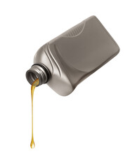 Stretched drop of oily liquid dripping from plastic bottle on a white background