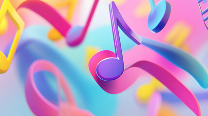 Holographic 3D music notes create an abstract shape, showcasing vibrant colors and dynamic forms. This visually captivating design evokes sense of creativity and joy