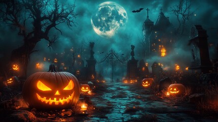 A mysterious Halloween night scene with glowing jack-o'-lanterns lighting the way through an eerie cemetery.