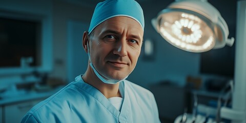 A confident surgeon stands ready in a modern operating room. The scene captures the dedication and professionalism of medical staff. The bright lights highlight the sterile environment. AI