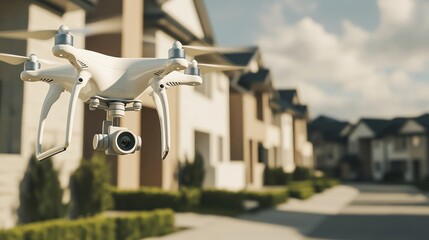 Drone flying over a suburban neighborhood