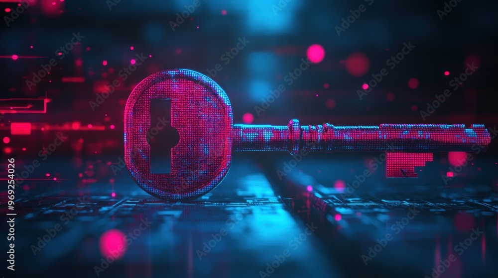 Poster a digital key symbolizes cybersecurity and data protection in a futuristic setting.