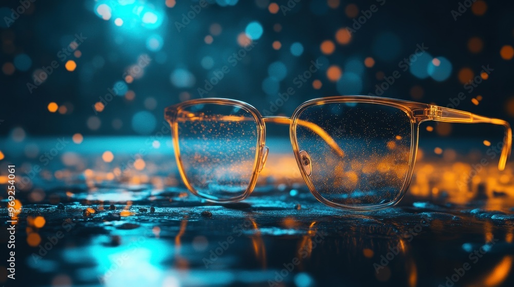 Canvas Prints A close-up of stylish glasses with a blurred, colorful background of light and water droplets.