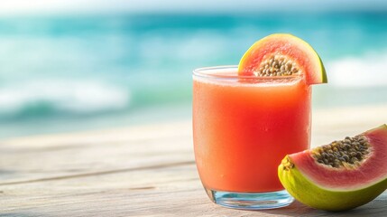 Obraz premium A refreshing guava drink on a wooden table with ocean waves in the background.