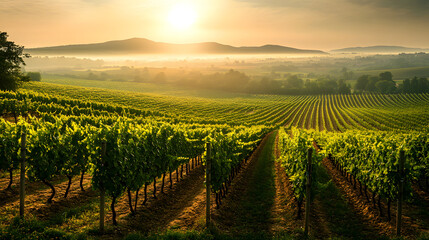 Naklejka premium High-Resolution Image of a Scenic Vineyard at Sunrise with Morning Mist Hovering Over the Fields