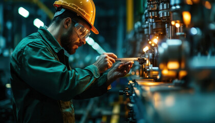 Engineer inspecting a mechanical part with calipers, precision measurement, highquality manufacturing