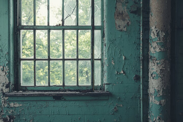 Naklejka premium Eerie abandoned window with peeling paint and broken glass, revealing nature outside
