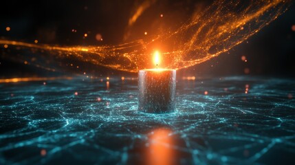 A glowing candle surrounded by shimmering blue and orange particles, creating a mystical ambiance.