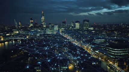 Fototapeta premium London Skyline at Night with Network Connections