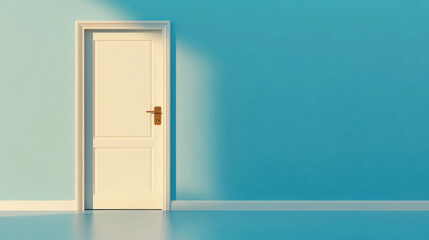 A white door stands against bright blue wall, symbolizing transition to new opportunities and experiences. simplicity of scene evokes sense of hope and curiosity