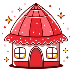 Fototapeta premium A whimsical red house with a pointed roof, adorned with white polka dots and a scalloped awning, surrounded by sparkling elements