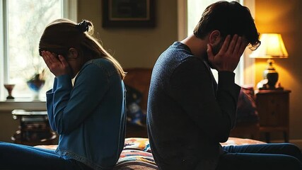 Annoyed Caucasian husband sit apart on sofa with offended wife keep silence after fight family quarrel married couple woman man arguing misunderstanding breakup divorce relationship crisis in bedroom - Powered by Adobe