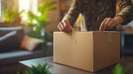 A person is opening a brown cardboard box with a sticker on it