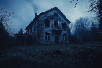 Fototapeta premium Eerie abandoned house with broken windows and haunting atmosphere