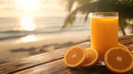 Naklejka premium A refreshing glass of orange juice with sliced oranges on a wooden table by the beach.