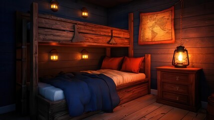 A pirate-themed kids' bedroom with a ship-shaped bunk bed, treasure chest nightlights, and nautical...