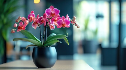 A vibrant orchid arrangement in a sleek black pot, enhancing the modern interior ambiance. - Powered by Adobe