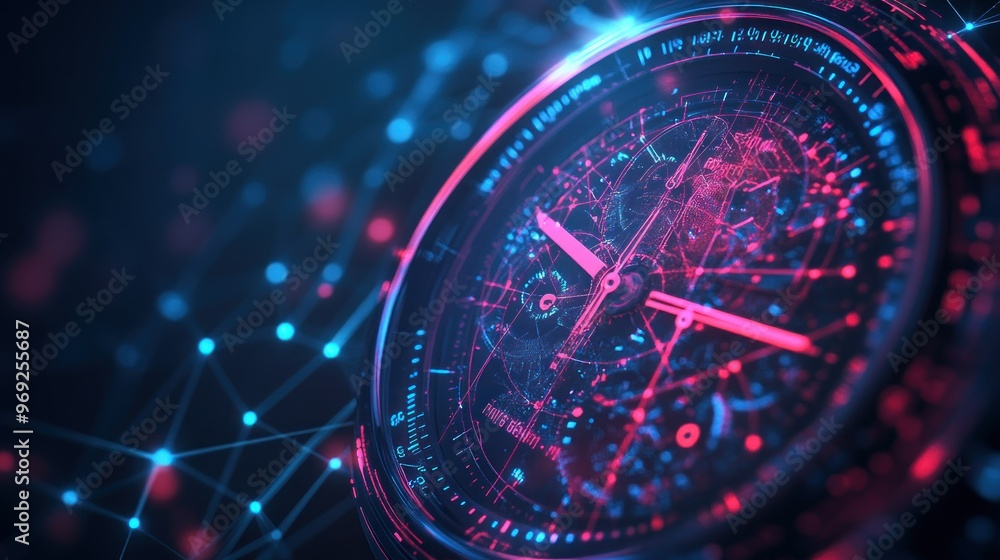 Poster a futuristic watch design with digital elements and a glowing network background.