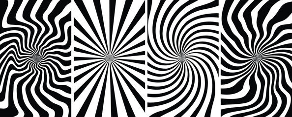 Black and white hand drawn backgrounds pattern set marble stains warped streaks distorted wavy lines doodle funky groovy hippie striped collection vector illustration