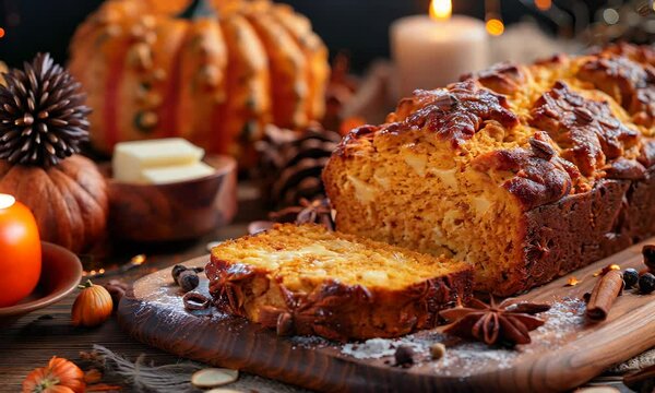 Delicious pumpkin bread baking in a cozy autumn kitchen with warm spices