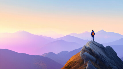 A person looking out at horizon from mountain peak, surrounded by stunning landscapes and vibrant colors. scene evokes sense of adventure and tranquility