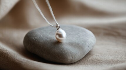 A minimalist close-up of a pearl pendant necklace resting on smooth, textured stone, with neutral tones in the background.