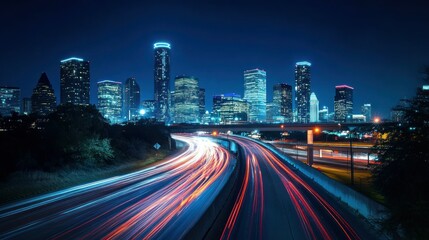 Obraz premium Night cityscape featuring illuminated skyscrapers and light trails on a highway.