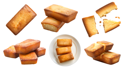 French Financier almond little cake pastry dessert on transparent cutout, PNG file. Many assorted different angles, stack, broken, pile. Mockup template for artwork design