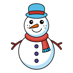 A cheerful cartoon snowman with a blue hat, red scarf, and orange carrot nose, standing with a friendly smile and button details
