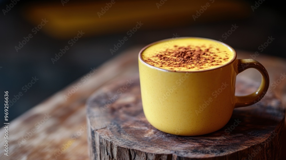 Poster A vibrant yellow cup of drink topped with cocoa on a wooden surface.