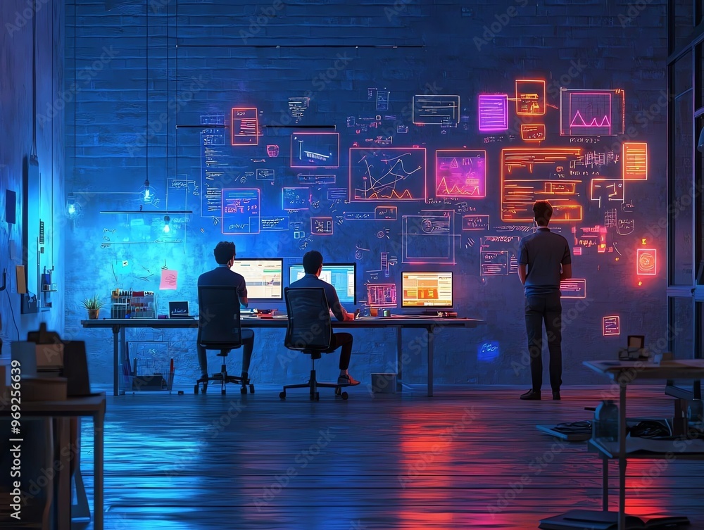 Poster three young programmers are working at their desks, illuminated by the glow of computer monitors and