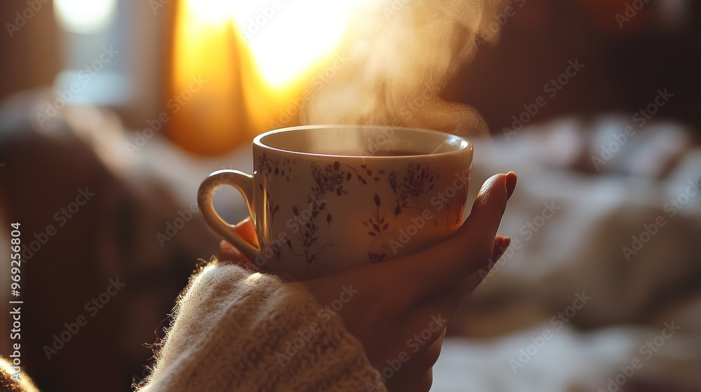 Wall mural A warm cup of steaming drink held in hands, with sunlight streaming through a window.