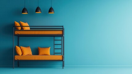 A modern kids' room with a sleek metal bunk bed, bright neon wall lights, and monochrome decor, Digital Art, Cool and minimalist