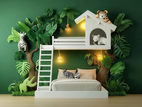A jungle-themed bedroom with a treehouse-style bunk bed, animal-shaped lights, and jungle mural walls, Photorealistic, Adventurous and fun