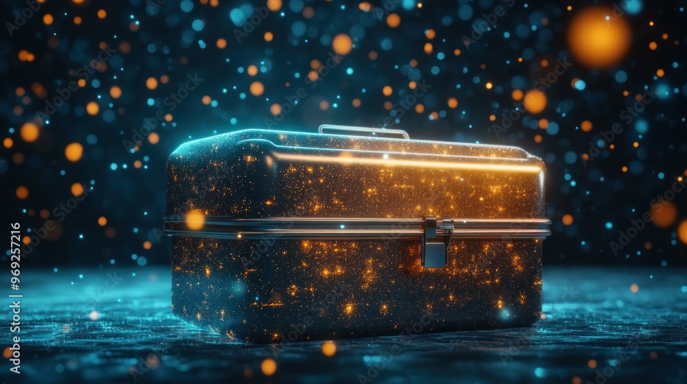 Poster a glowing, sparkly toolbox resting on a reflective surface amidst a colorful background.