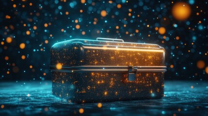 A glowing, sparkly toolbox resting on a reflective surface amidst a colorful background.