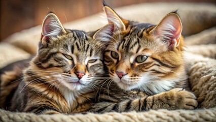 A tabby cat's soft coat wraps around a companion cat, forming a loving bundle of fur as they