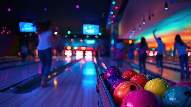 A vibrant bowling alley scene with colorful balls and people enjoying the game.