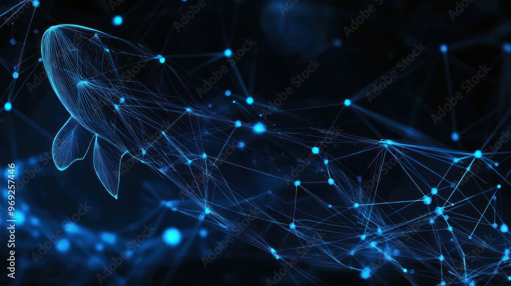 Poster a digital representation of a fish composed of interconnected blue lines and nodes.