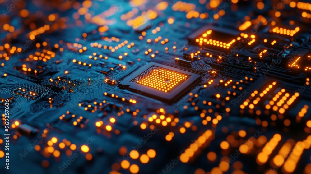 Poster a close-up view of a circuit board with glowing components, highlighting technology and innovation.