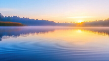 Fototapeta premium A serene sunrise reflected in calm lake, symbolizing beauty of nature and tranquility. soft colors create peaceful atmosphere, inviting reflection and calmness
