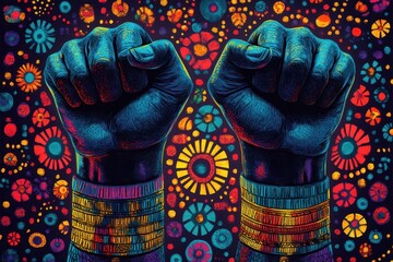powerful illustration of raised fists africanamerican heritage symbols bold typography vibrant kente cloth patterns unity in diversity theme