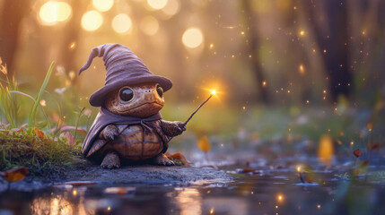 A whimsical turtle dressed as wizard holds tiny wand, surrounded by magical forest ambiance. enchanting scene captures essence of fantasy and wonder