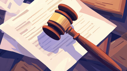 A digital gavel rests on stack of documents, symbolizing virtual bankruptcy court proceedings. scene conveys sense of legal authority and complexities of financial matters