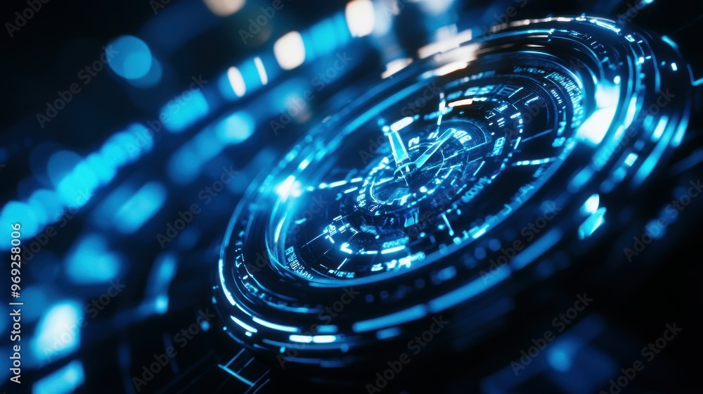 Aufkleber a futuristic digital interface featuring glowing blue elements and intricate patterns.