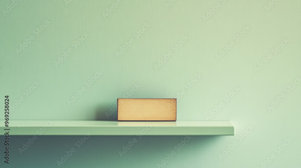 Poster a minimalist shelf with a simple rectangular object against a soft-colored wall.