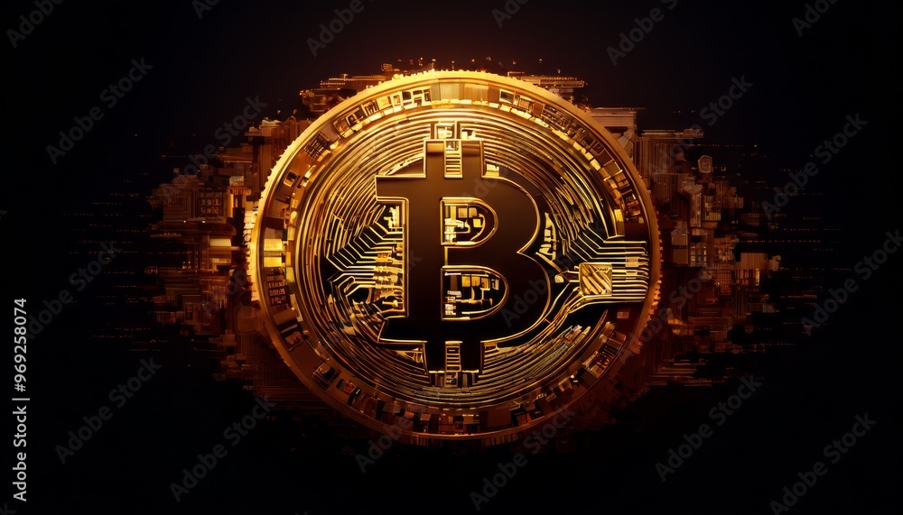 Poster a striking image of a bitcoin coin set against a dark background with digital effects. the glowing d