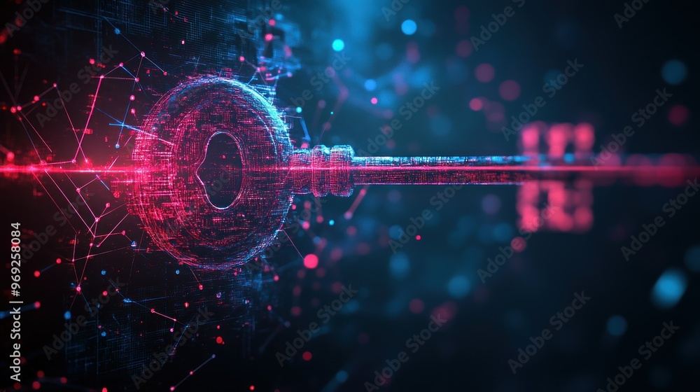 Poster a digital representation of a key, symbolizing security and access in technology.