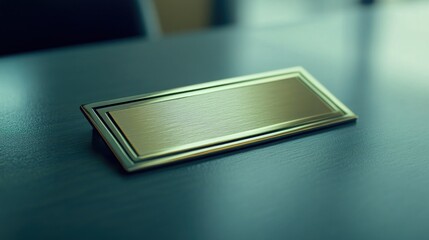 A blank nameplate on a wooden desk, suggesting a professional or office setting.